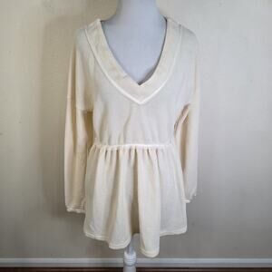 EoMENIE Womens Waffle Knit V-Neck Long Sleeve Swing‎ Top Size Small Cream
